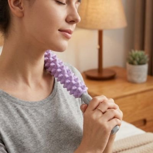 femme massant cou avec rouleau massage