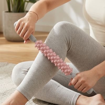 femme massant jambe avec foam roller