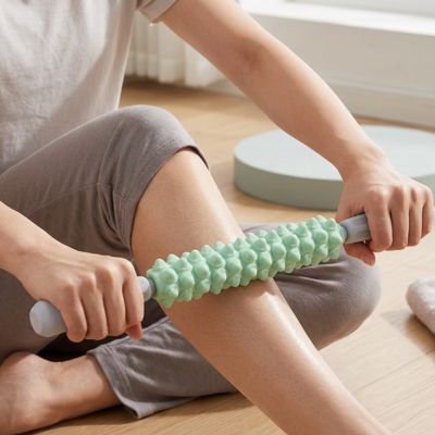 femme massant tibia avec foam roller