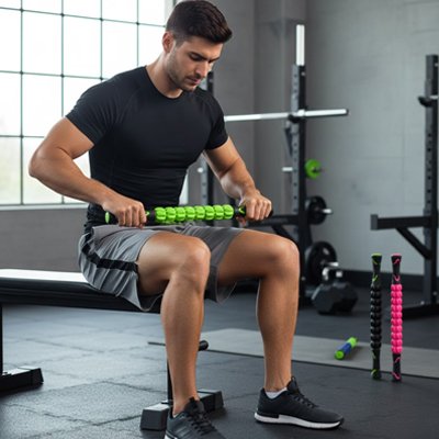 homme assis massant cuisse avec de rouleaux de massage