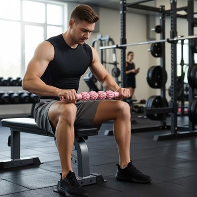homme assis assant cuisses avec rouleau de massage 
