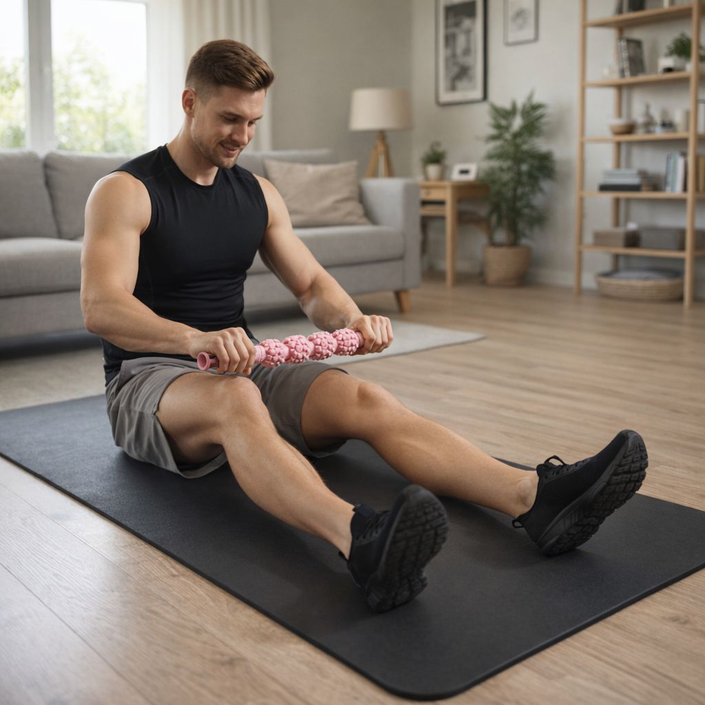 homme assis sur tapis assant jambes avec rouleau de massage 