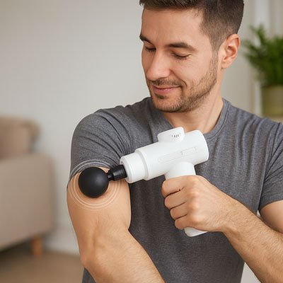 homme debout massant bras avec pistolet de massage