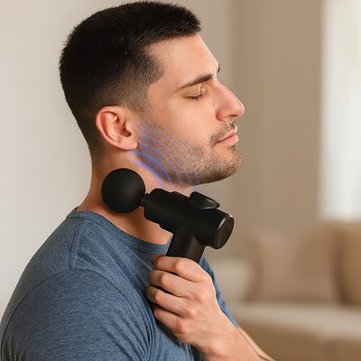 homme debout massant cou avec pistolet de massage