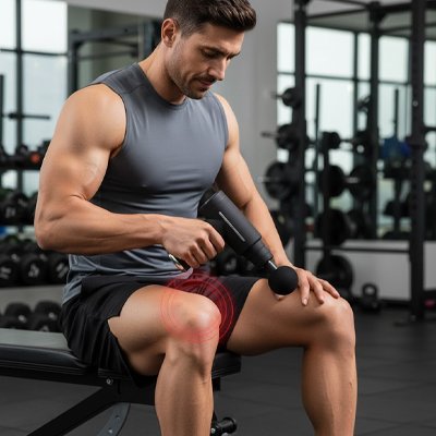 homme massant cuisse avec massage gun