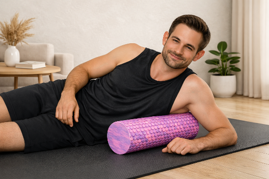 homme massant flanc sur rouleau de massage