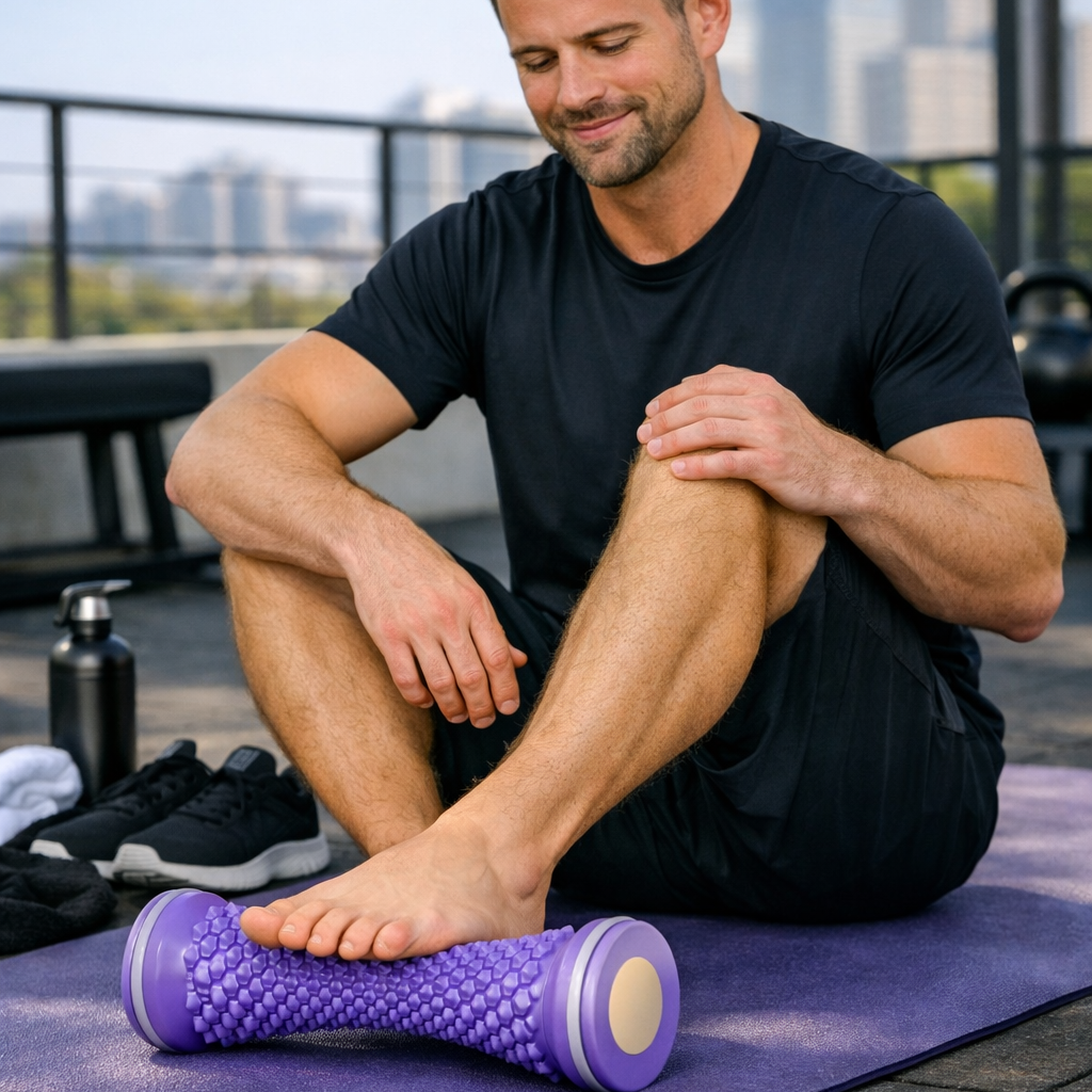 homme massant plante pied sur rouleau de massage pied violet