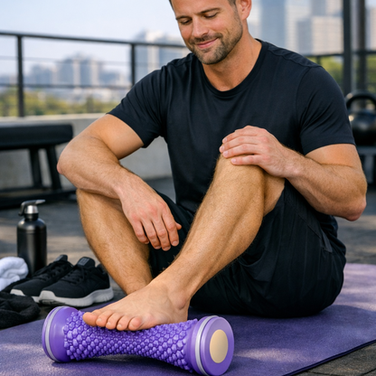 homme massant plante pied sur rouleau de massage pied violet