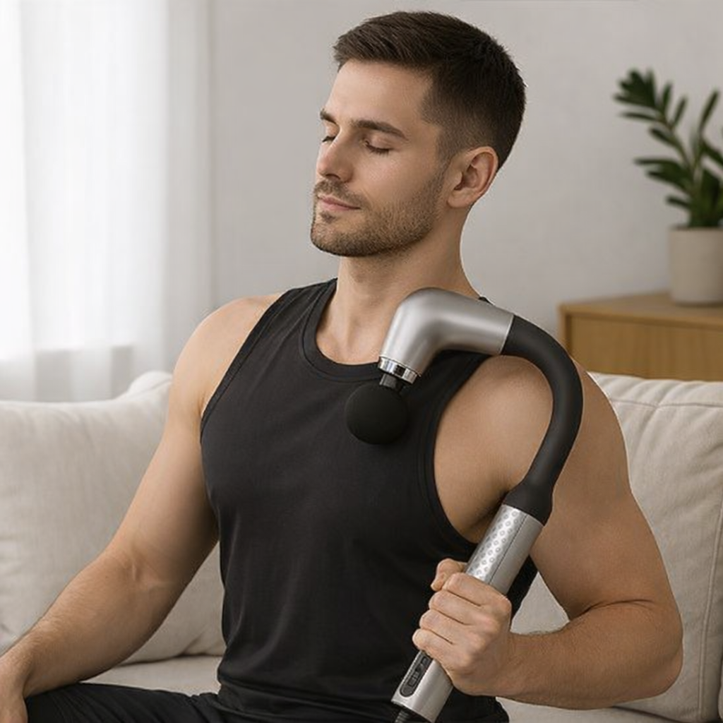 homme utilisant pistolet de massage