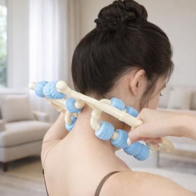 massage cervical avec rouleaux de massage bleu