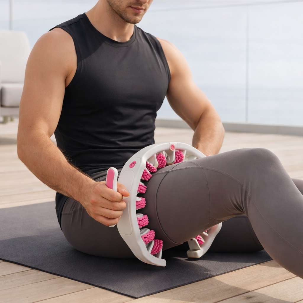 massage cuisse homme assis avec rouleaux de massage rose