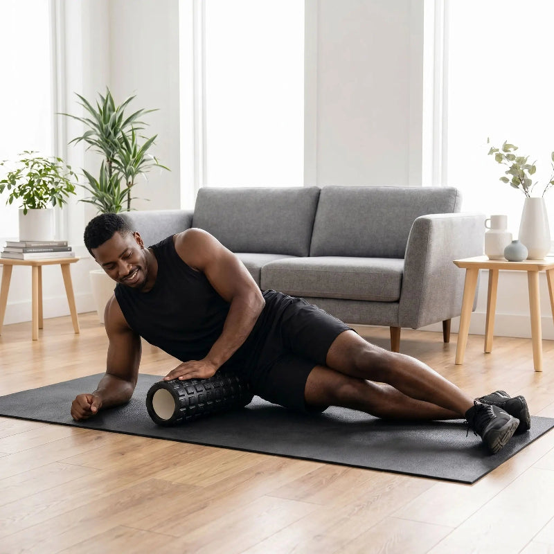 massage decontractre flanc sur rouleau de massage noir