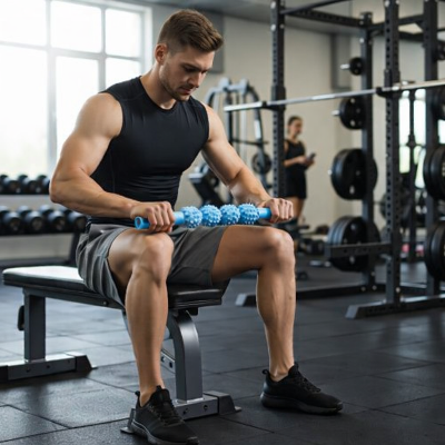 recuperation musculaire avec rouleau massage bleu